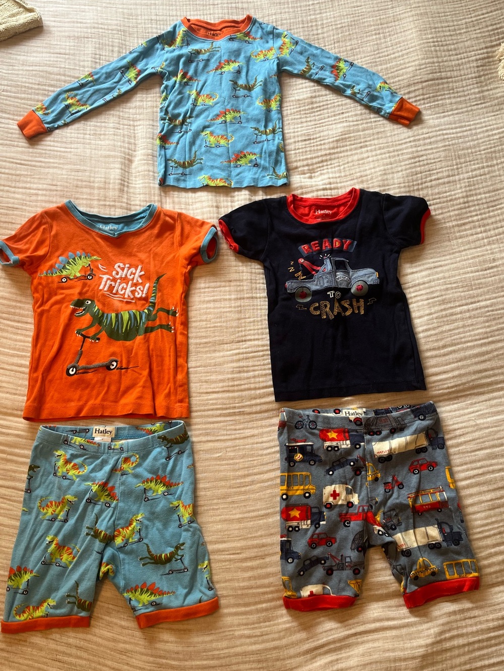 Hatley Boys Size 4 Pajama Lot – Dinosaurs & Trucks – 2 Short Sets + Long Sleeve
